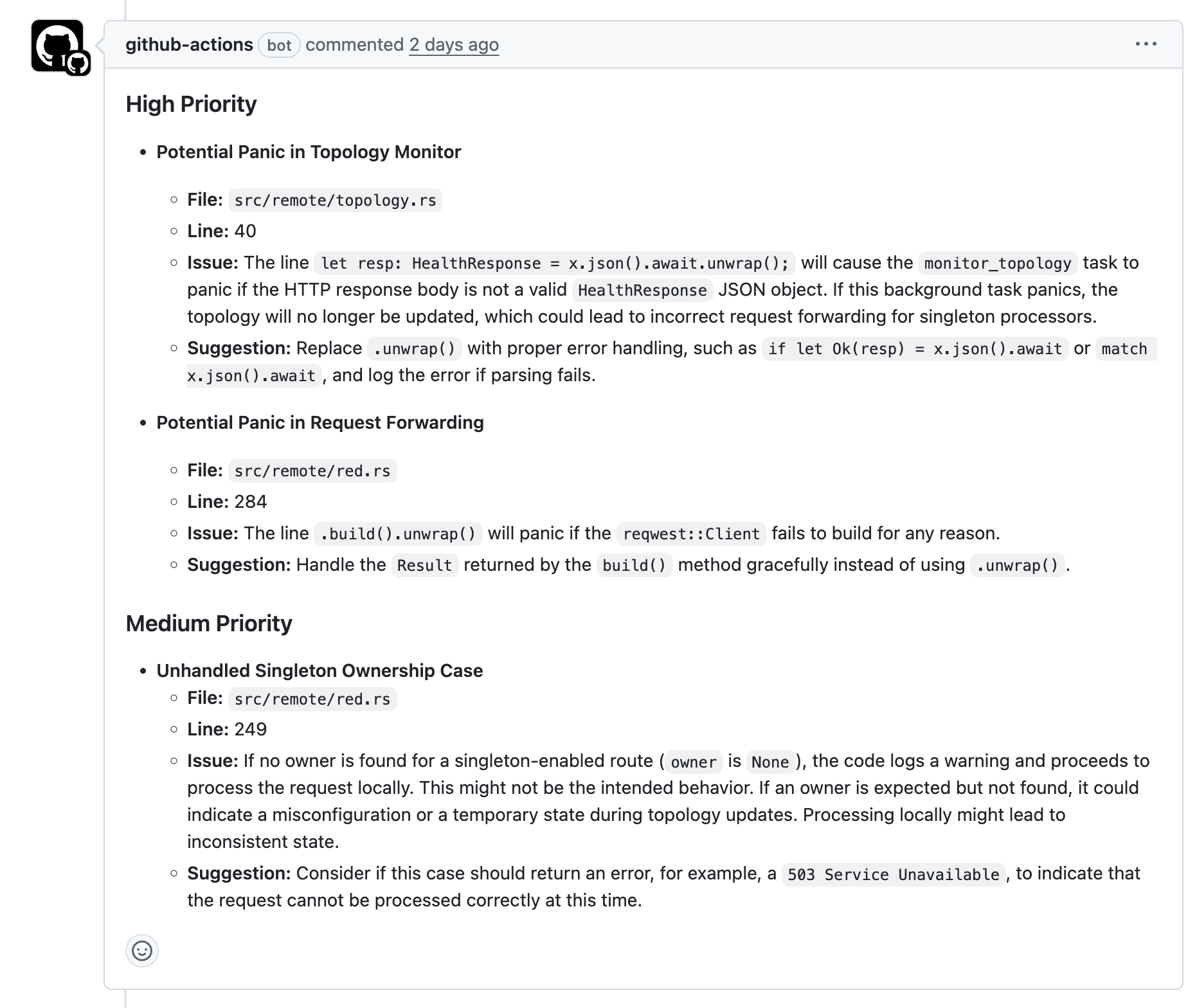 Github Action Comment showing various errors