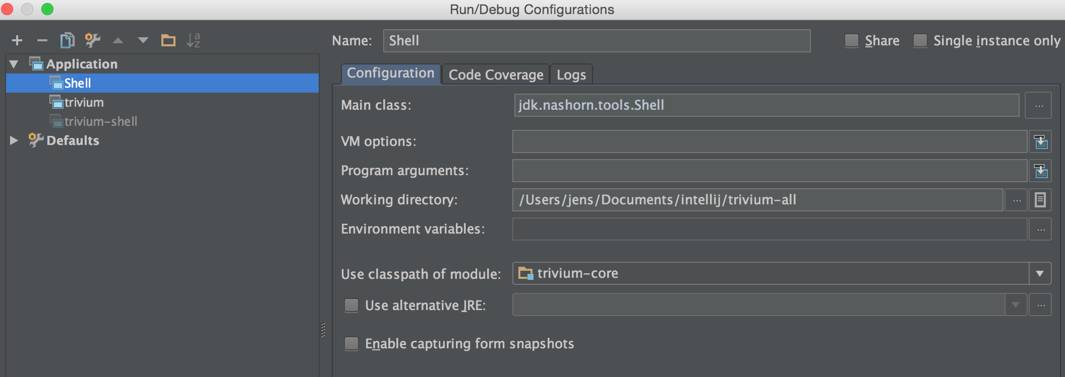 intelliJ launch configuration